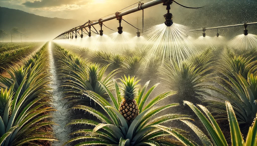 DALL·E 2024 08 28 16.00.09 A highly realistic image showing a sprinkler irrigation system in a pineapple plantation. The scene captures rows of healthy pineapple plants being wa