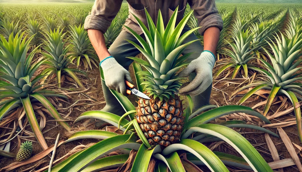 DALL·E 2024 08 28 17.52.40 A highly realistic image showing the process of deshoje and deschuponado (defoliation and sucker removal) in a pineapple plantation. The scene depicts