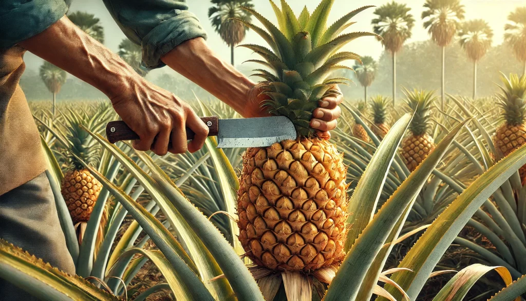 DALL·E 2024 08 28 17.55.15 A highly realistic image showing a farmer harvesting a ripe pineapple using a machete or sharp tool. The farmer is carefully cutting the fruit from th