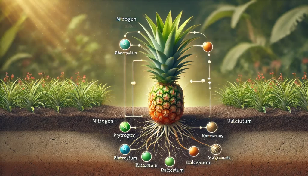 DALL·E 2024 08 29 15.21.02 A highly realistic illustration showing the nutrition of a pineapple plant, representing essential nutrients being absorbed by the plant. The image sh