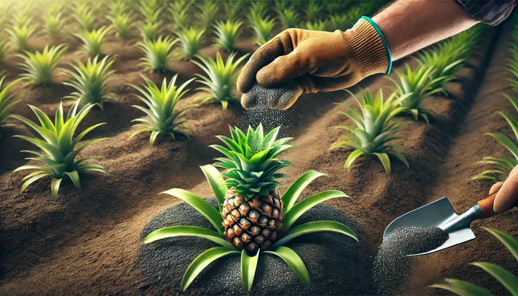 DALL·E 2024 08 29 15.22.02 A highly realistic image of a farmer's hand applying fertilizer to a young pineapple plant. The image should focus on the close up of a hand wearing a