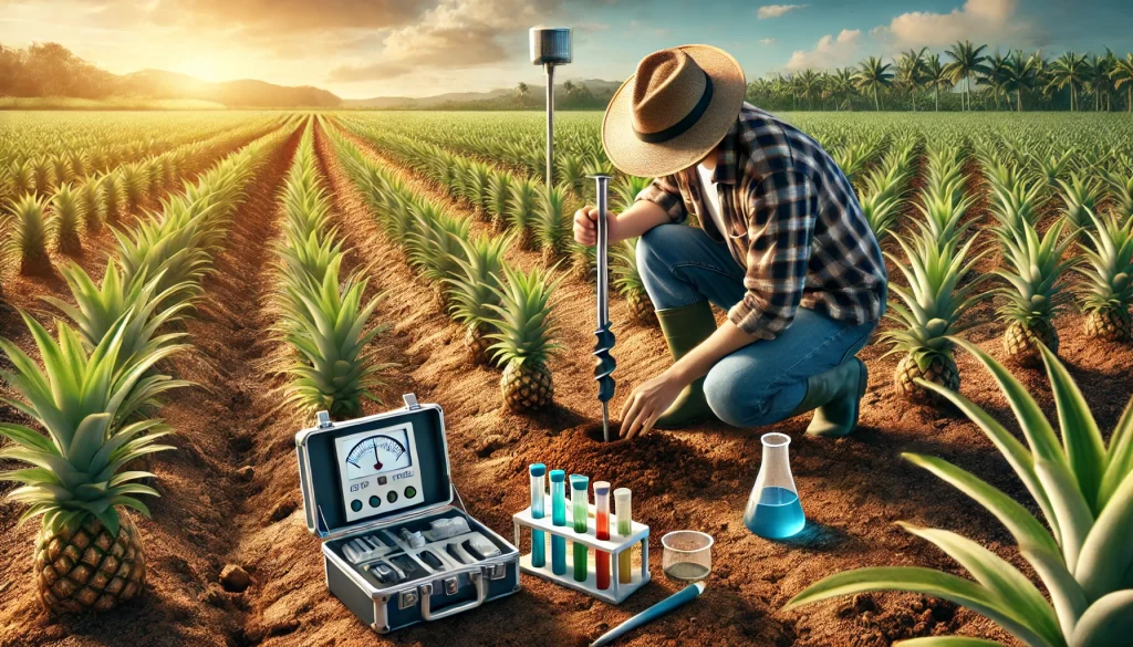 DALL·E 2024 08 29 15.24.06 A highly realistic image depicting soil analysis for pineapple cultivation. The scene should show a farmer or agronomist kneeling in a pineapple field