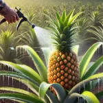 DALL·E 2024 08 29 15.25.53 A highly realistic image depicting foliar irrigation on a mature pineapple plant with a ripe pineapple fruit. The scene should show a farmer using a s