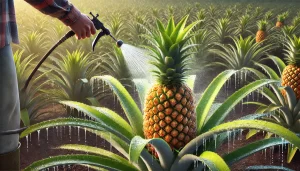 DALL·E 2024 08 29 15.25.53 A highly realistic image depicting foliar irrigation on a mature pineapple plant with a ripe pineapple fruit. The scene should show a farmer using a s