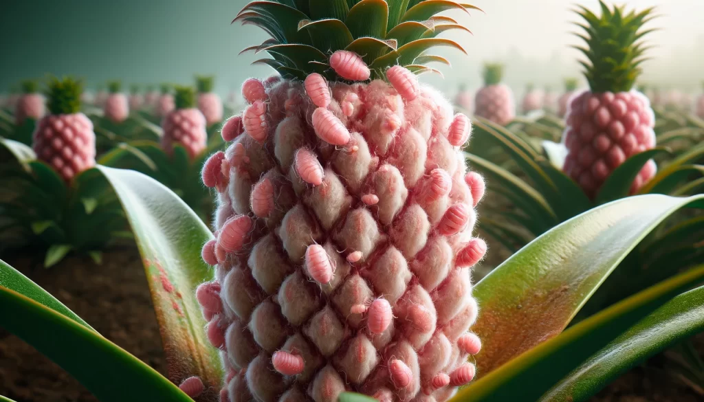 DALL·E 2024 08 29 15.29.36 A highly realistic image showing the Pink Pineapple Mealybug (Dysmicoccus brevipes) infesting a pineapple plant. The close up view should focus on the