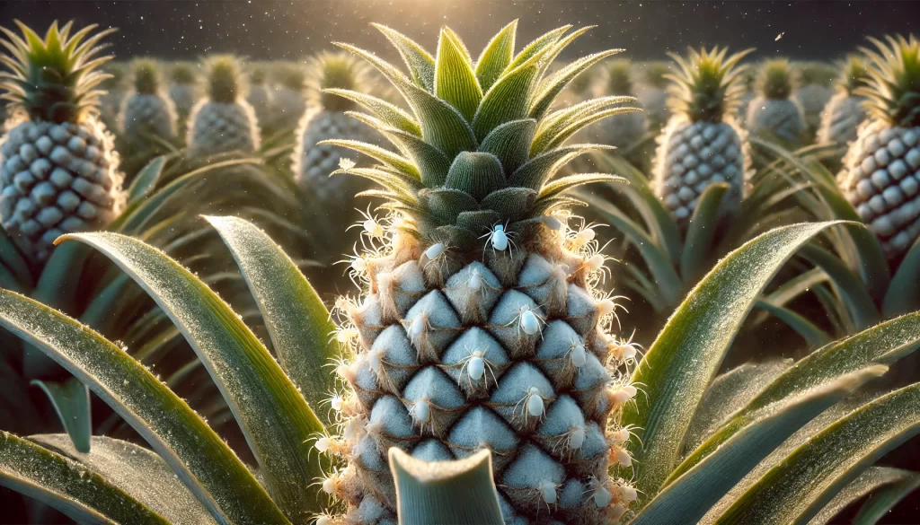 DALL·E 2024 08 29 15.30.28 A highly realistic image showing the White Pineapple Mite (Steneotarsonemus ananas) on a pineapple plant. The close up view should focus on the tiny,