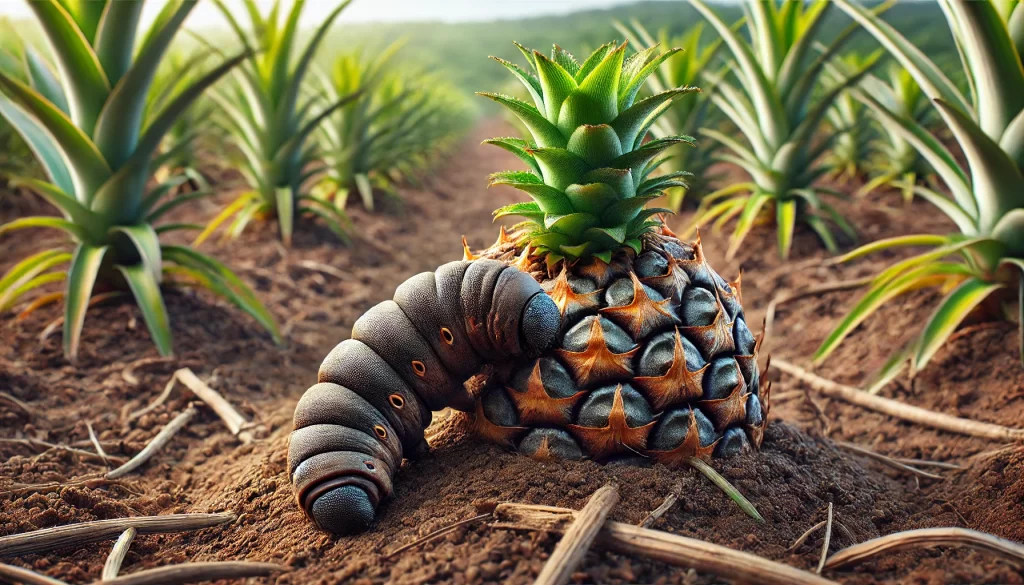 DALL·E 2024 08 29 15.31.14 A highly realistic image showing the Cutworm (Agrotis spp.) in a pineapple cultivation field. The close up view should focus on a cutworm, which is a