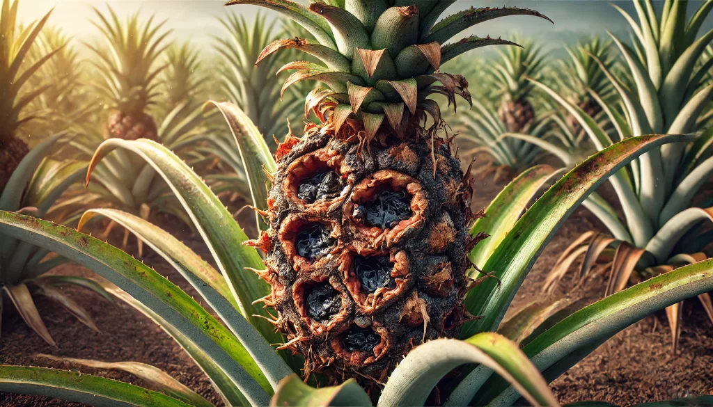 DALL·E 2024 08 29 15.32.13 A highly realistic image depicting Heart Rot caused by Phytophthora spp. in a pineapple plant. The image should focus on a close up of the center or h