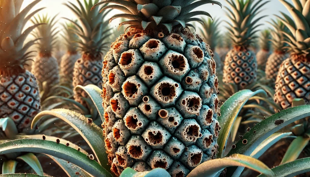 DALL·E 2024 08 29 15.33.32 A highly realistic image showing Anthracnose disease caused by Colletotrichum gloeosporioides on a pineapple plant. The close up view should focus on