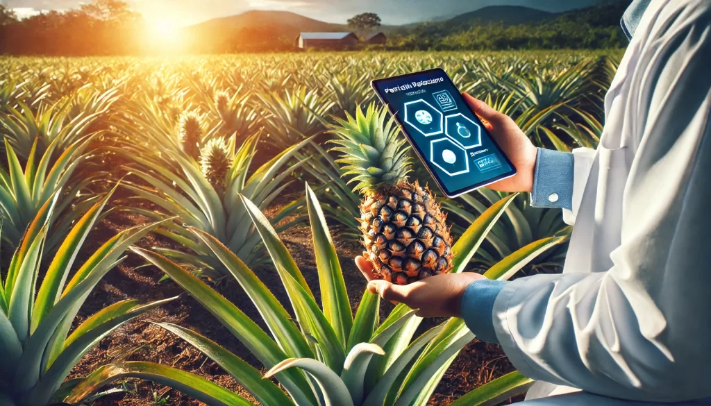 DALL·E 2024 08 29 15.36.11 A highly realistic image showing monitoring and early detection of diseases in a pineapple cultivation field. The scene should depict an agronomist or