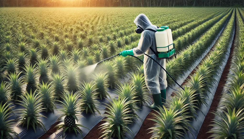 DALL·E 2024 08 29 15.37.21 A highly realistic image showing a farmer applying pesticides in a pineapple field. The scene should depict the farmer wearing protective gear, includ