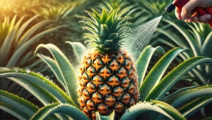 DALL·E 2024 08 29 15.39.01 A highly realistic close up image of a pineapple being sprayed with pesticide. The focus should be on the developing pineapple fruit, with visible dro