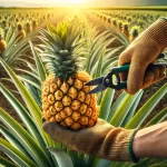 DALL·E 2024 08 29 15.41.38 A highly realistic image showing a farmer's hand harvesting a ripe pineapple. The close up should focus on the farmer's hand wearing a glove, grasping