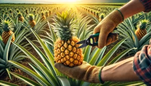 DALL·E 2024 08 29 15.41.38 A highly realistic image showing a farmer's hand harvesting a ripe pineapple. The close up should focus on the farmer's hand wearing a glove, grasping