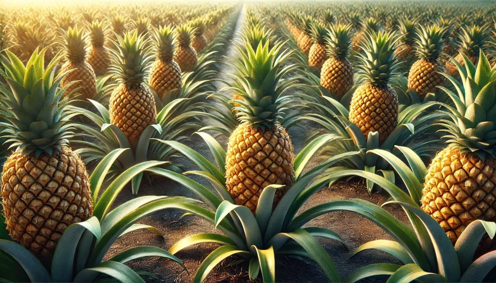 DALL·E 2024 08 29 15.43.18 A highly realistic image of pineapple plants with ripe pineapples ready for harvest. The scene should show multiple pineapple plants in a well maintai