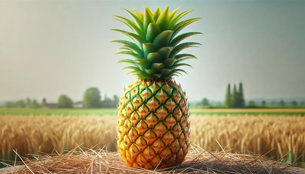 DALL·E 2024 08 29 15.44.56 A highly realistic image of a freshly harvested ripe pineapple. The pineapple should have a vibrant golden yellow color, indicating full ripeness, wit