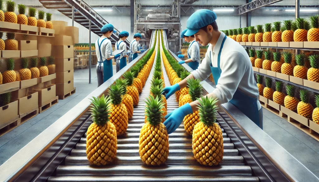 DALL·E 2024 08 29 15.48.38 A highly realistic image depicting people selecting pineapples on a packing line. The scene should show workers wearing gloves and uniforms carefully