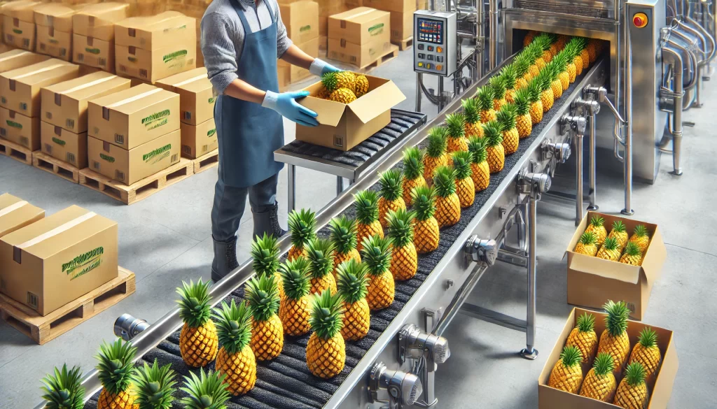 DALL·E 2024 08 29 15.50.06 A highly realistic image showing the packing of pineapples on a production line. The scene should depict a conveyor belt carrying ripe pineapples, wit