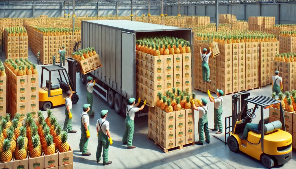 DALL·E 2024 08 29 15.51.16 A highly realistic image showing workers loading a truck with boxes of pineapples. The scene should depict several workers wearing gloves and uniforms