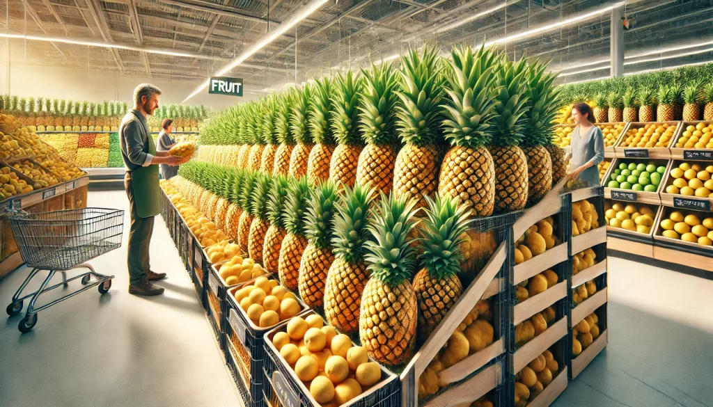 DALL·E 2024 08 29 15.52.48 A highly realistic image showing the sale of pineapples in a supermarket. The scene should depict a fruit section with a well organized display of rip