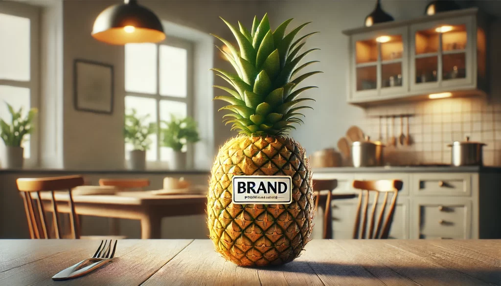 DALL·E 2024 08 29 15.54.21 A highly realistic image of a pineapple placed on a kitchen table in a home setting, with a brand label attached to the fruit. The pineapple should be