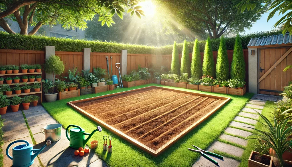 DALL·E 2024 08 30 15.40.19 A highly realistic 16 9 image of an ideal spot for a home garden. The setting is a sunny backyard with at least 6 hours of sunlight, featuring a well