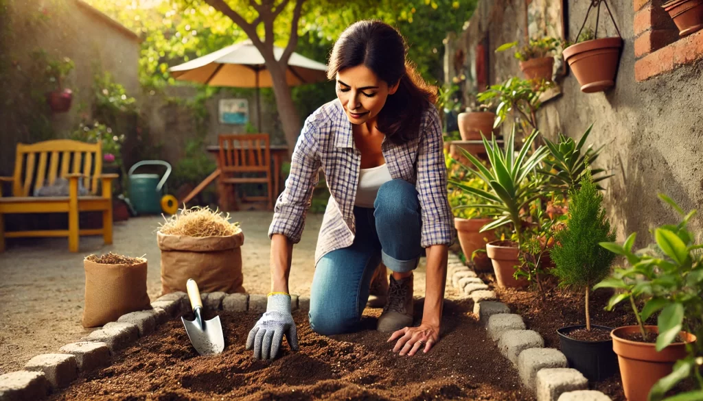 DALL·E 2024 08 30 15.42.23 A highly realistic 16 9 image of a middle aged Mexican woman preparing the soil for a home garden. She is outdoors in a sunny backyard, carefully clea