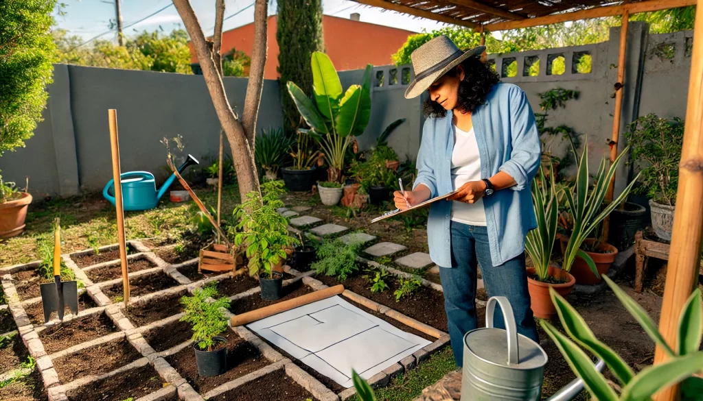 DALL·E 2024 08 30 15.43.11 A highly realistic 16 9 image of a middle aged Mexican woman designing a home garden. She is outdoors in her backyard, sketching out a garden layout o