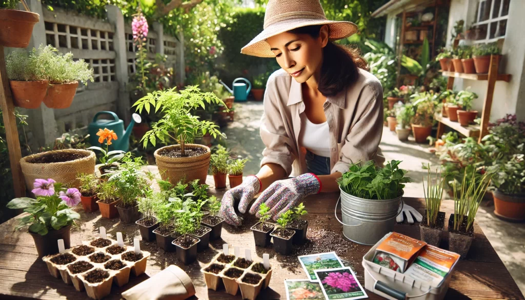 DALL·E 2024 08 30 15.44.03 A highly realistic 16 9 image of a middle aged Mexican woman selecting plants and seeds for her home garden. She is outdoors in a sunny backyard, care