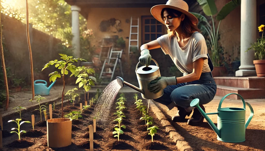 DALL·E 2024 08 30 15.48.14 A highly realistic 16 9 image of a middle aged Mexican woman watering young plants in her home garden. She is outdoors in a sunny backyard, using a wa