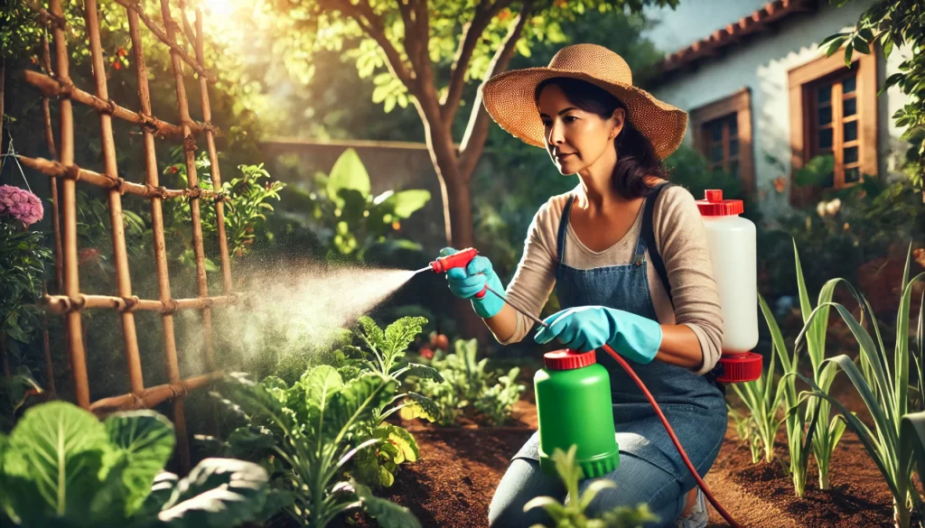 DALL·E 2024 08 30 15.49.05 A highly realistic 16 9 image of a middle aged Mexican woman applying organic pesticide in her home garden. She is outdoors in a sunny backyard, caref