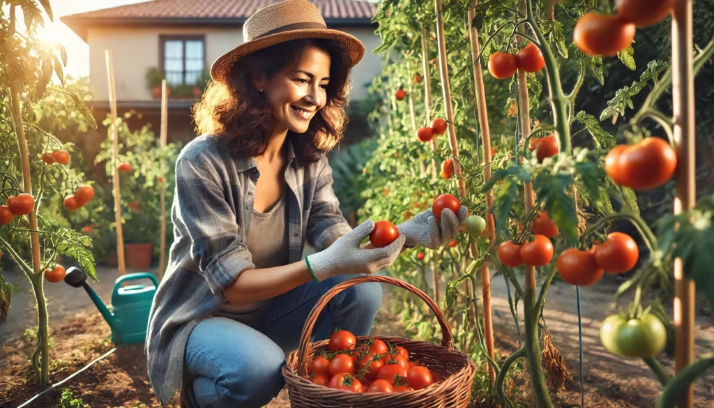 DALL·E 2024 08 30 15.49.46 A highly realistic 16 9 image of a middle aged Mexican woman harvesting tomatoes in her home garden. She is outdoors in a sunny backyard, carefully pi