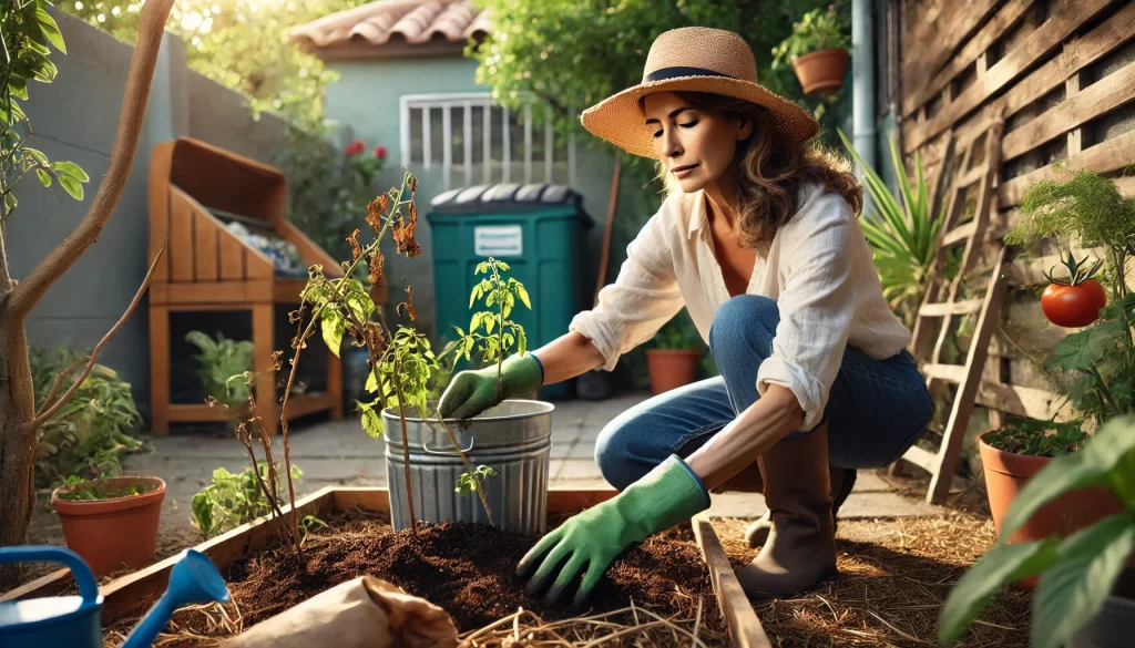 DALL·E 2024 08 30 15.50.40 A highly realistic 16 9 image of a middle aged Mexican woman removing old plants from her home garden to make space for new ones. She is outdoors in a