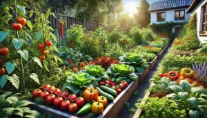 DALL·E 2024 08 30 15.51.24 A highly realistic 16 9 image of a home garden filled with a variety of mature crops ready for harvest. The garden is located in a sunny backyard and