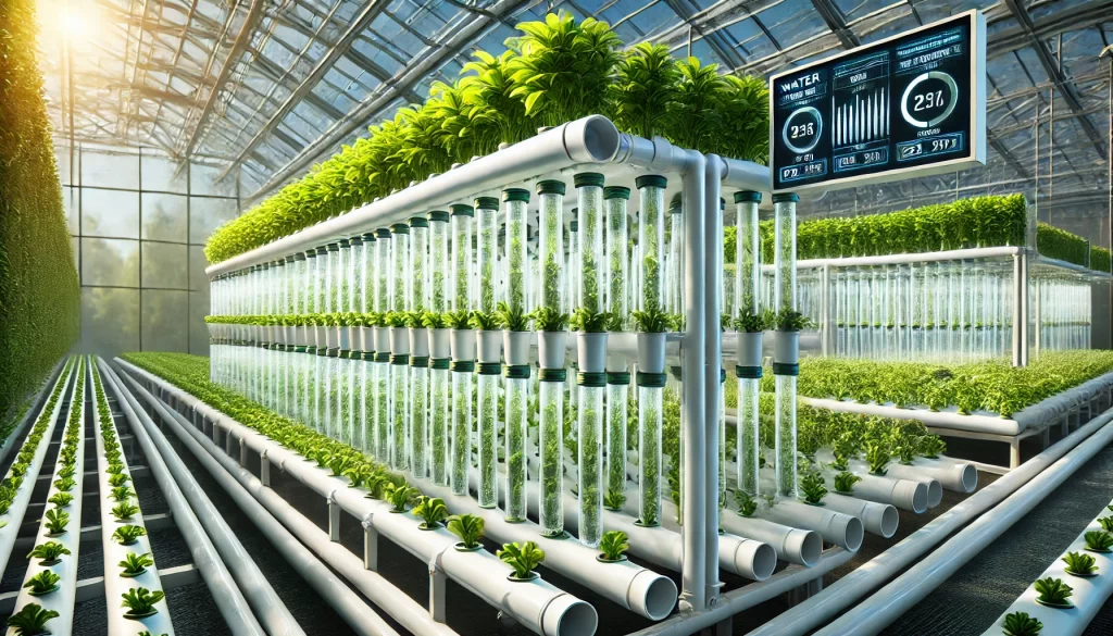 DALL·E 2025 01 08 11.35.21 A highly realistic image depicting a hydroponic system for plant cultivation in a modern greenhouse. Rows of healthy green plants grow in nutrient ric