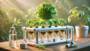 DALL·E 2025 01 08 11.35.57 A highly realistic image showcasing a simple hydroponic system designed for home or small scale use. The setup includes a few plants growing in nutrie