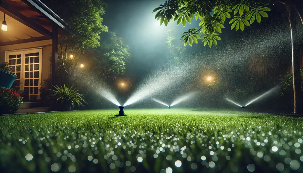 DALL·E 2024 10 18 09.36.54 A lush green lawn in a garden being watered at night. Sprinklers are spraying water across the grass, which glistens under the dim moonlight. The back