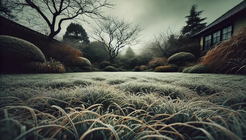 DALL·E 2024 10 18 09.38.22 A garden lawn in the winter season, with the grass looking slightly dull and dormant. The sky is overcast with a greyish tone, creating a cold, muted