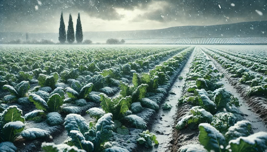 DALL·E 2024 11 20 09.53.45 A realistic 16 9 image of an agricultural field in winter, featuring kale and spinach plants growing under overcast skies. The soil appears moist and