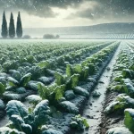 DALL·E 2024 11 20 09.53.45 A realistic 16 9 image of an agricultural field in winter, featuring kale and spinach plants growing under overcast skies. The soil appears moist and