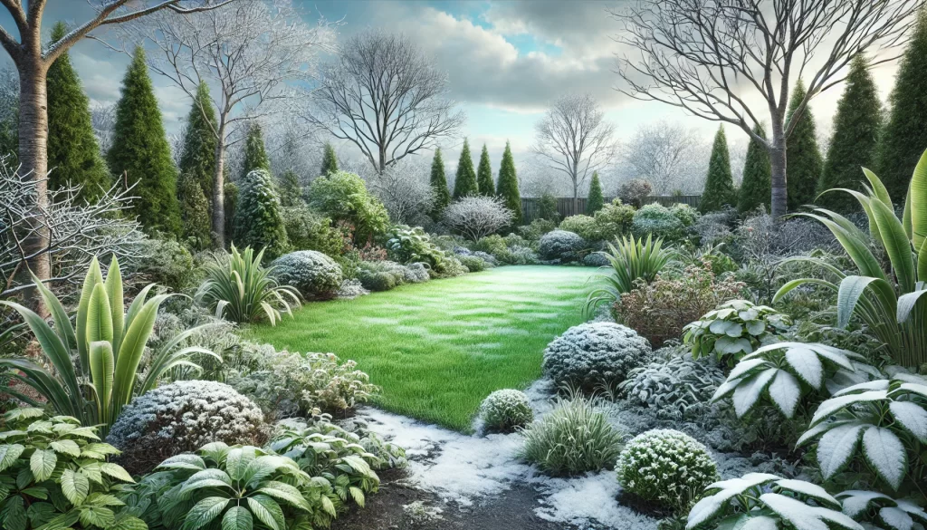 DALL·E 2024 11 20 09.55.50 A realistic 16 9 image of a garden in winter, featuring a lawn with green grass and various garden plants partially covered with patches of snow. The