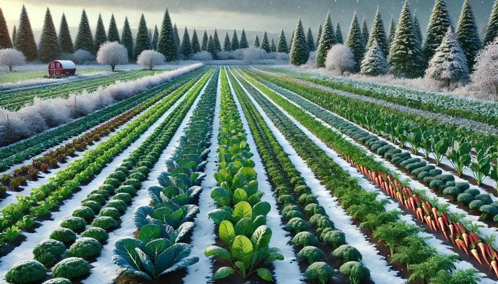 DALL·E 2024 11 20 09.57.08 A realistic 16 9 image of a winter agricultural field with a variety of winter crops growing, such as kale, spinach, carrots, and broccoli. The field