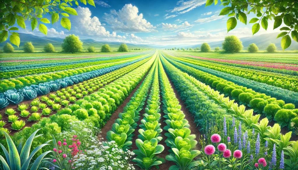 DALL·E 2024 11 21 15.28.51 A realistic 16 9 image of a lush agricultural field in spring, featuring vibrant green rows of crops like lettuce, peas, and radishes under a bright b