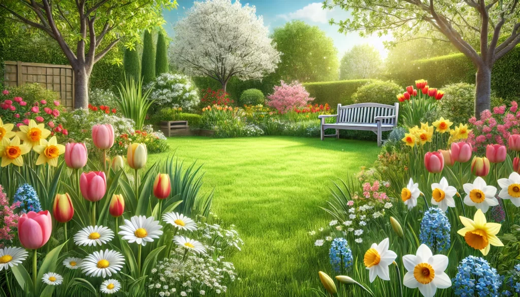 DALL·E 2024 11 21 15.28.55 A realistic 16 9 image of a spring garden, featuring a vibrant green lawn surrounded by blooming flowers such as tulips, daisies, and daffodils. The s