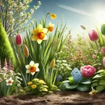 DALL·E 2024 11 21 15.28.58 A realistic 16 9 image of spring plants thriving in a garden, featuring vibrant flowers like tulips, daffodils, and blooming shrubs with fresh green l