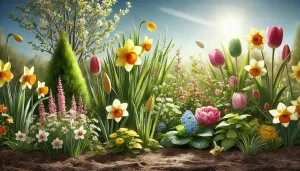 DALL·E 2024 11 21 15.28.58 A realistic 16 9 image of spring plants thriving in a garden, featuring vibrant flowers like tulips, daffodils, and blooming shrubs with fresh green l