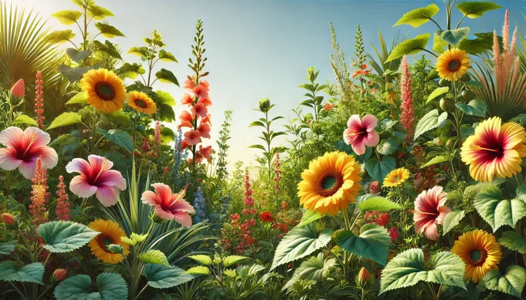 DALL·E 2024 11 22 16.57.01 A realistic 16 9 image of summer plants thriving in a garden, featuring blooming flowers like sunflowers, hibiscus, and bright green leafy shrubs. The