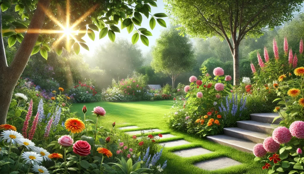 DALL·E 2024 11 22 16.57.05 A realistic 16 9 image of a summer garden, featuring a lush green lawn surrounded by blooming flowers such as roses, marigolds, and geraniums. The sce