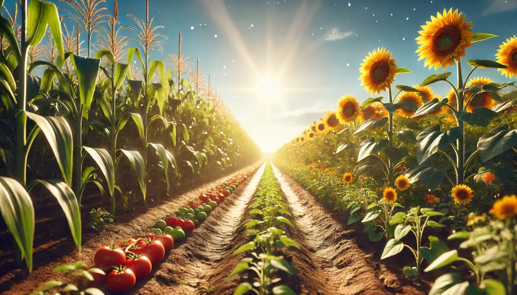 DALL·E 2024 11 22 16.57.09 A realistic 16 9 image of a summer agricultural field, featuring vibrant rows of crops such as corn, tomatoes, and sunflowers under a bright sunny sky