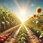 DALL·E 2024 11 22 16.57.09 A realistic 16 9 image of a summer agricultural field, featuring vibrant rows of crops such as corn, tomatoes, and sunflowers under a bright sunny sky